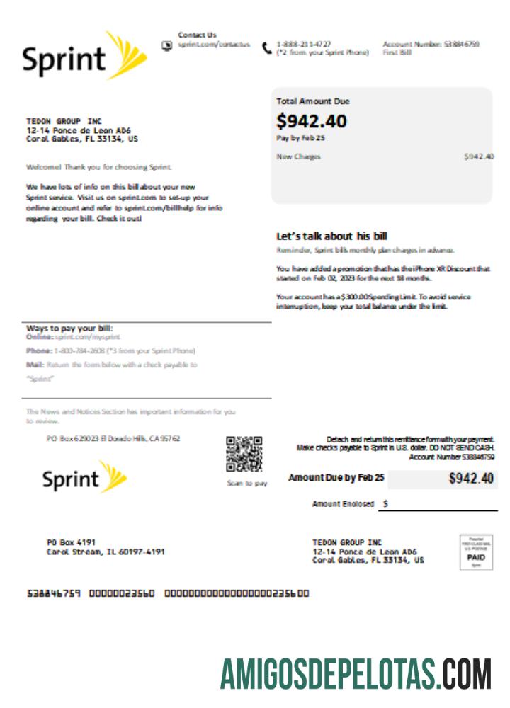 Conta de negócios de serviços públicos Sprint (T Mobile), SCR exemplo real